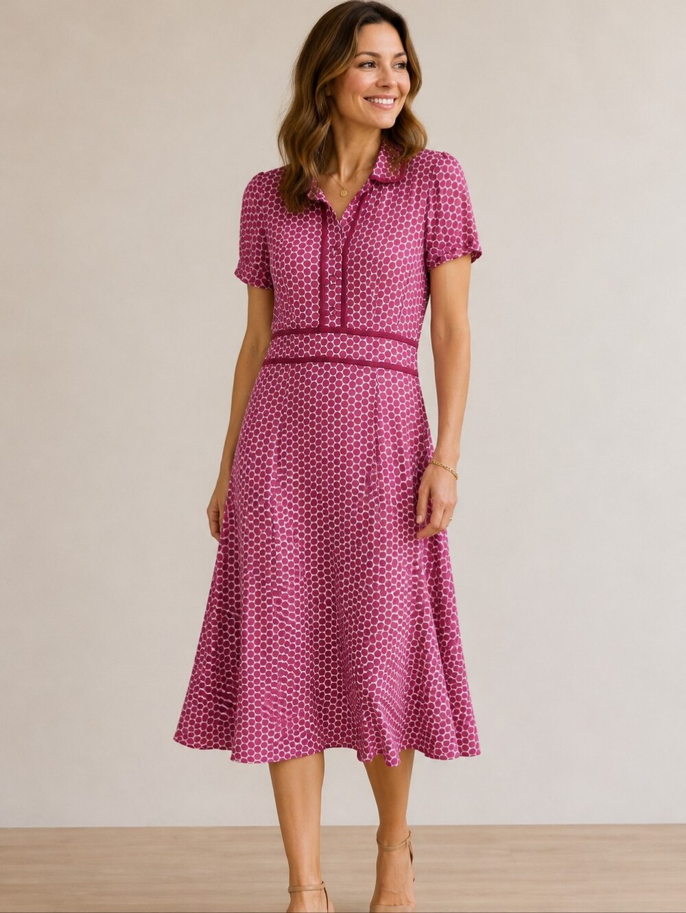 Boden Women’s 12R Pink Polka Dot Collared Midi Dress Short Sleeve Viscose Retro